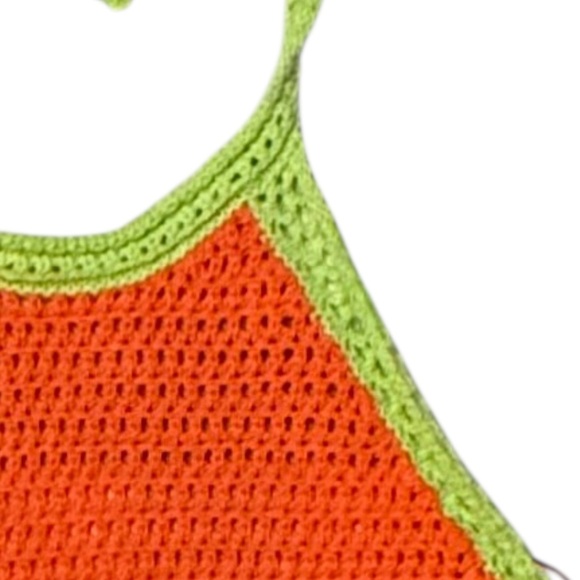 NWOT CROCHETED BRIGHT ORANGE AND NEON GREEN HALTER TOP FESTIVAL BEACH BOHO - Picture 4 of 4
